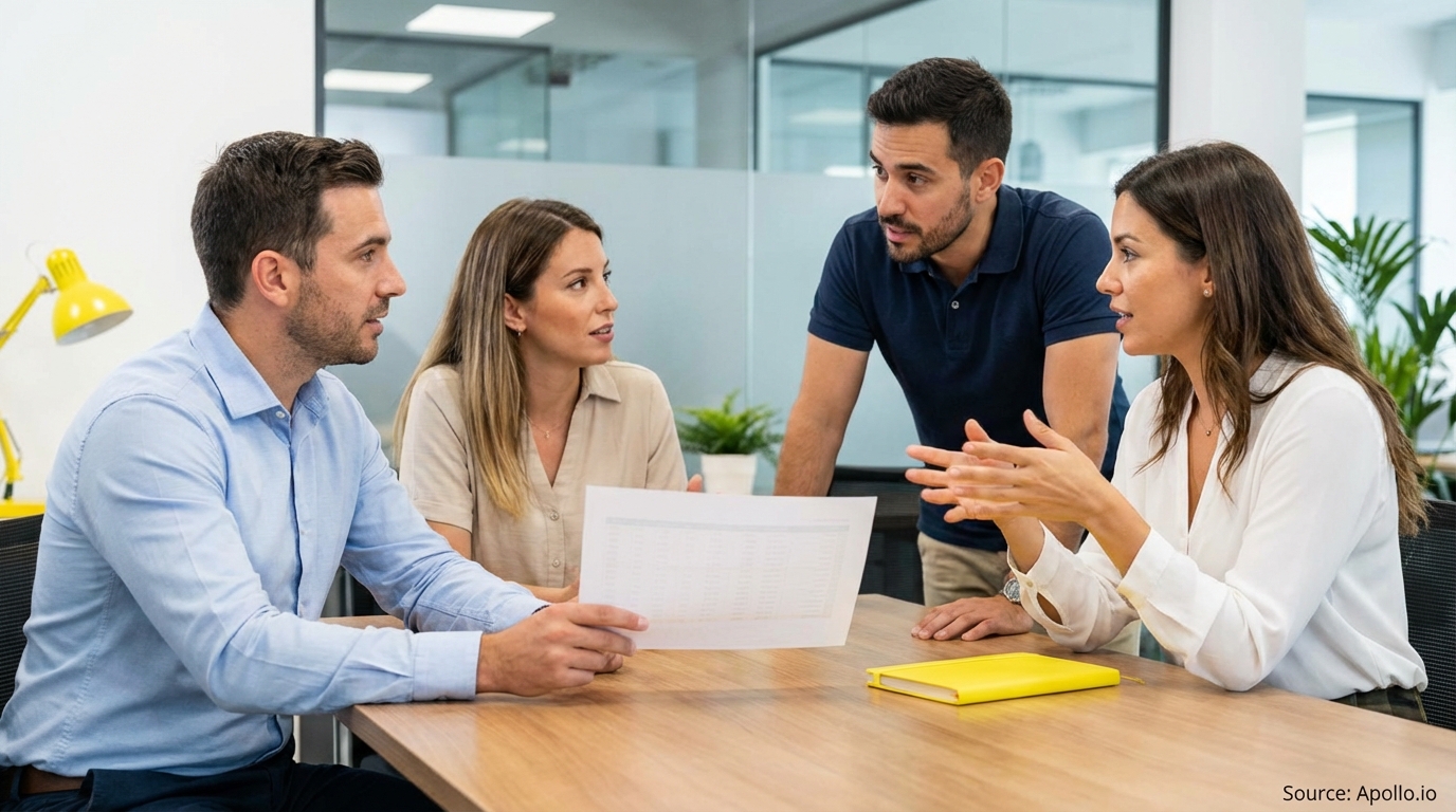Four business professionals having a discussion at a modern office table.