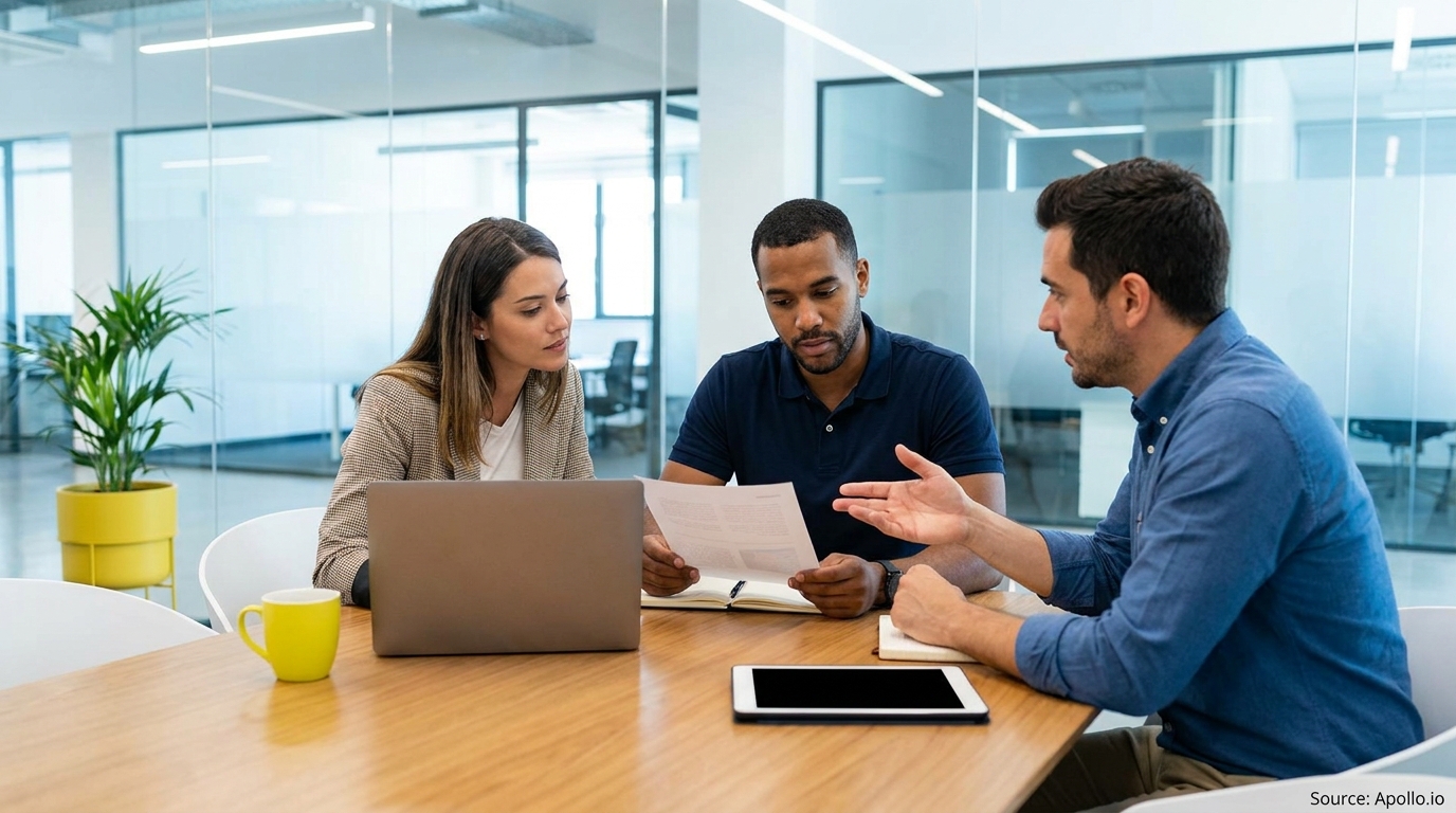 Three diverse professionals review documents and screens at a modern office table.