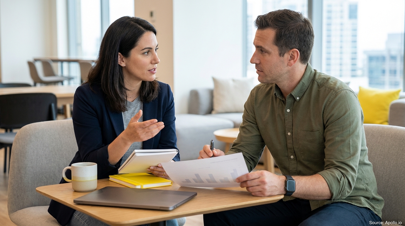 A woman explains a point to a man examining data in a modern office setting.