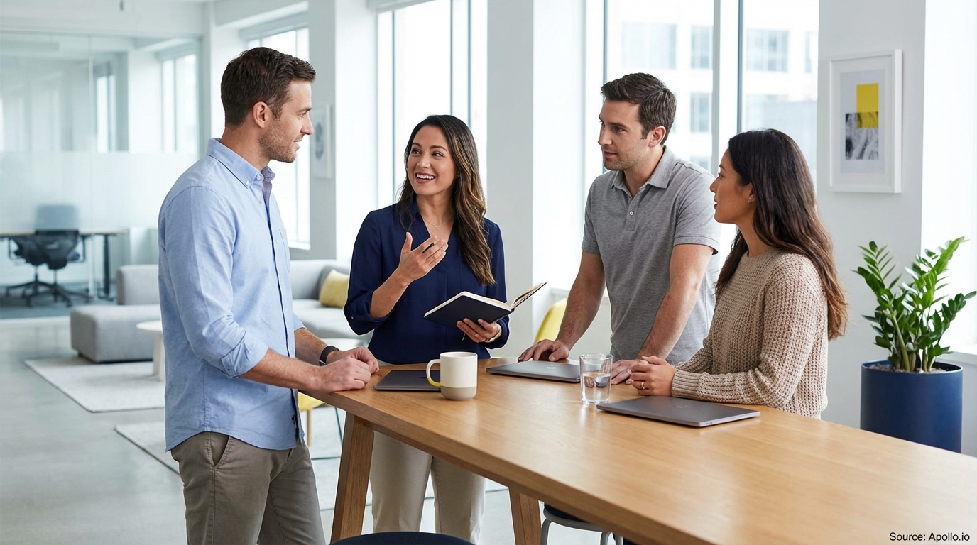 Four professionals discuss at a modern standing office table with laptops.