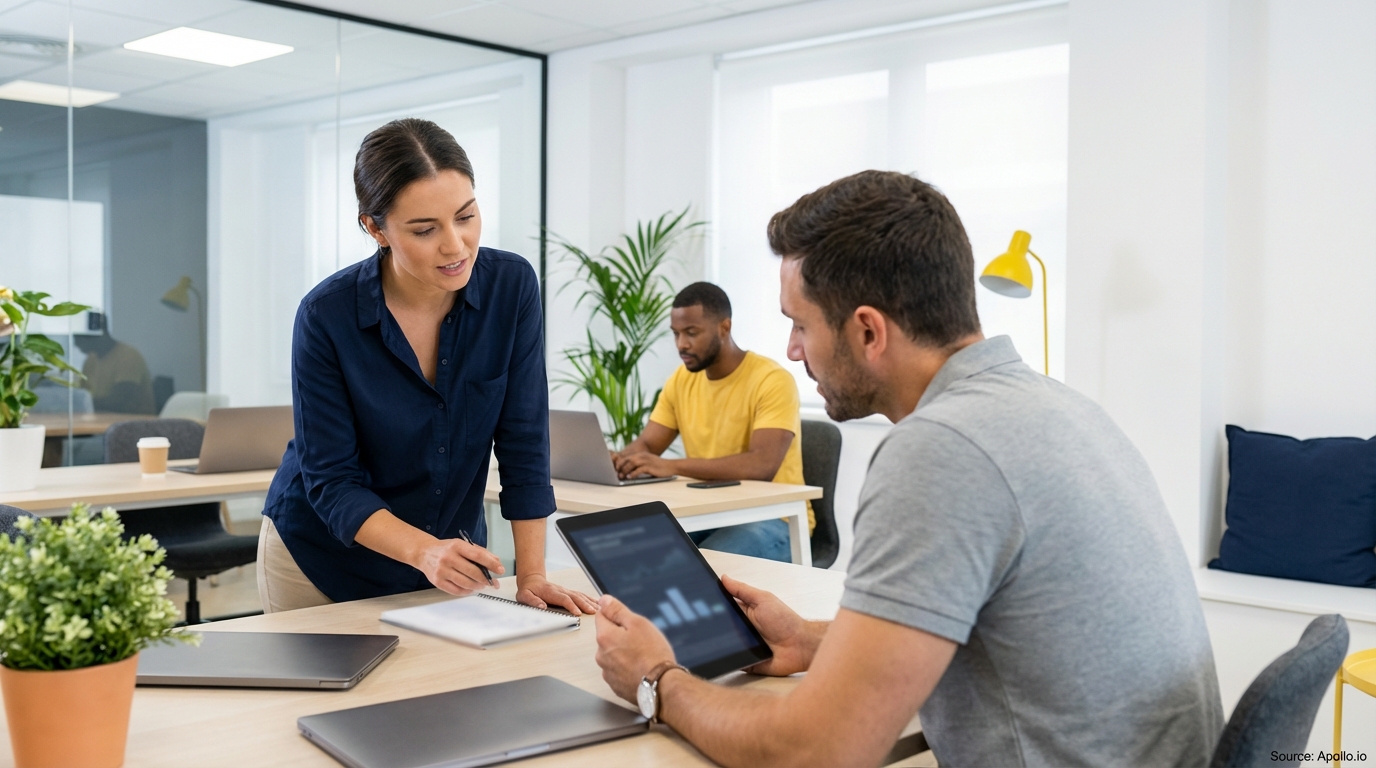 Two colleagues review tablet data while a third works on a laptop in a modern office.