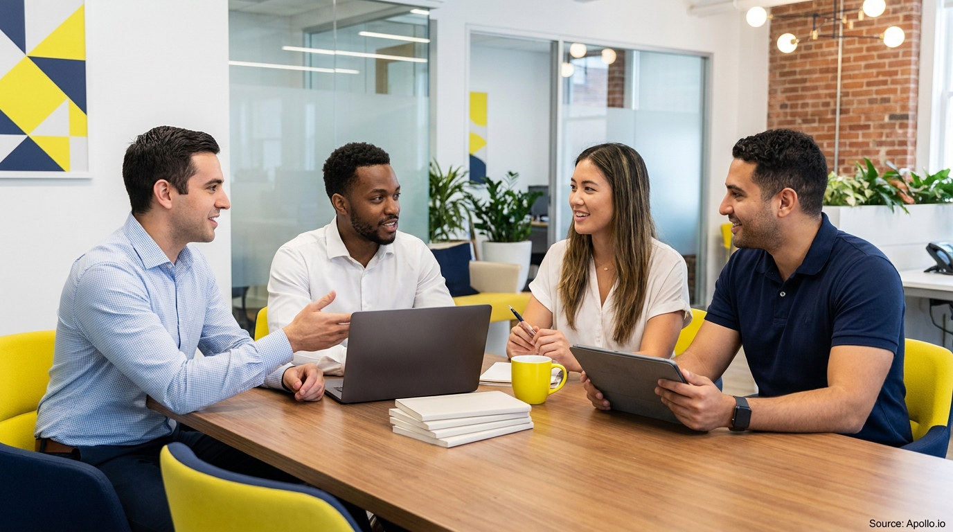 Four diverse professionals collaborate around a wooden table in a modern office.