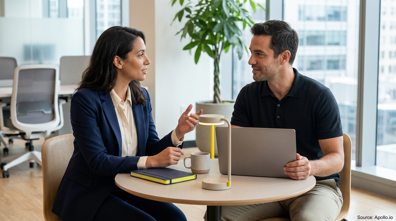 A woman gestures while speaking to a man holding a laptop at a modern office table.