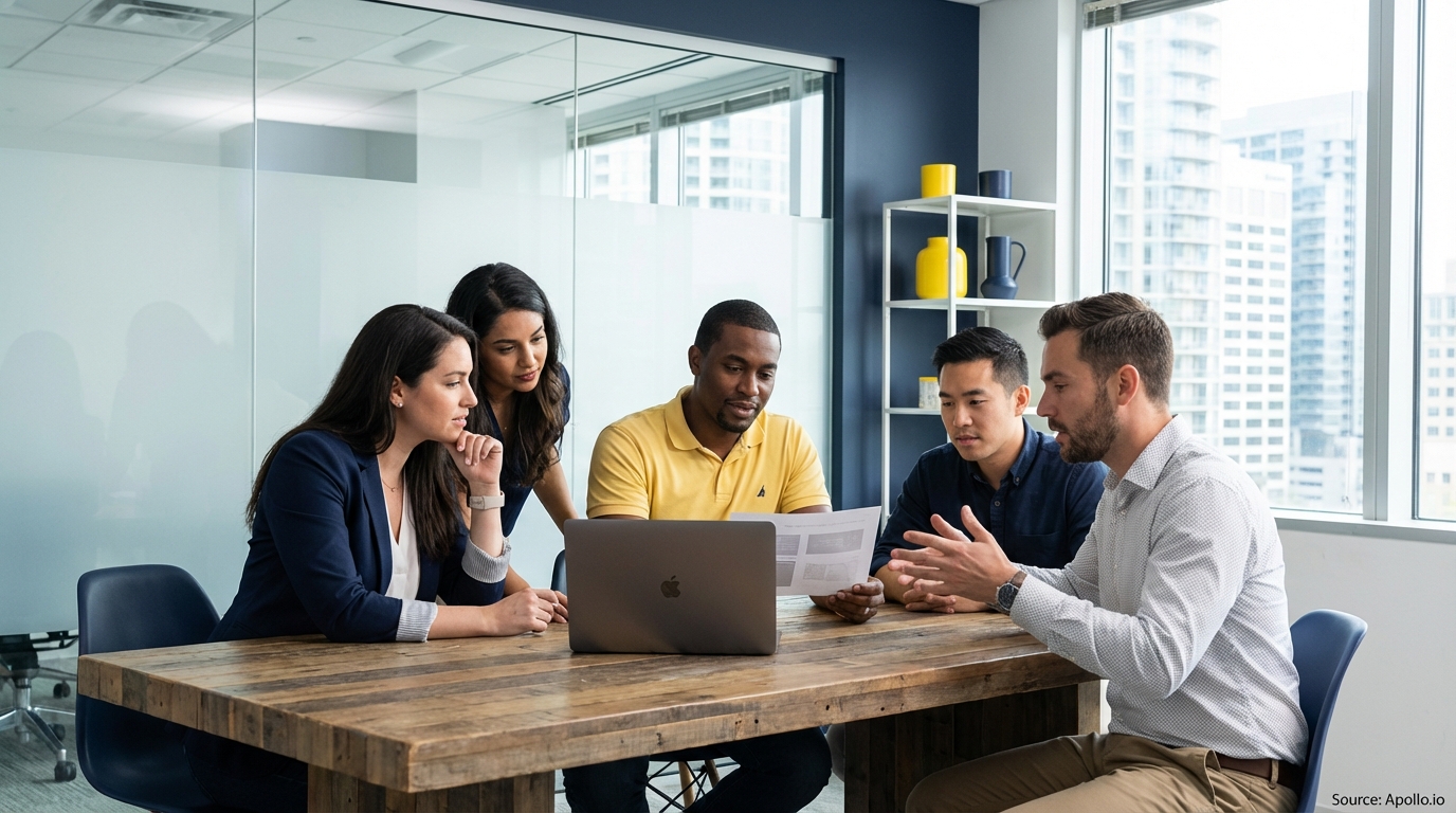 Five diverse professionals discuss documents and a laptop at a modern office table.