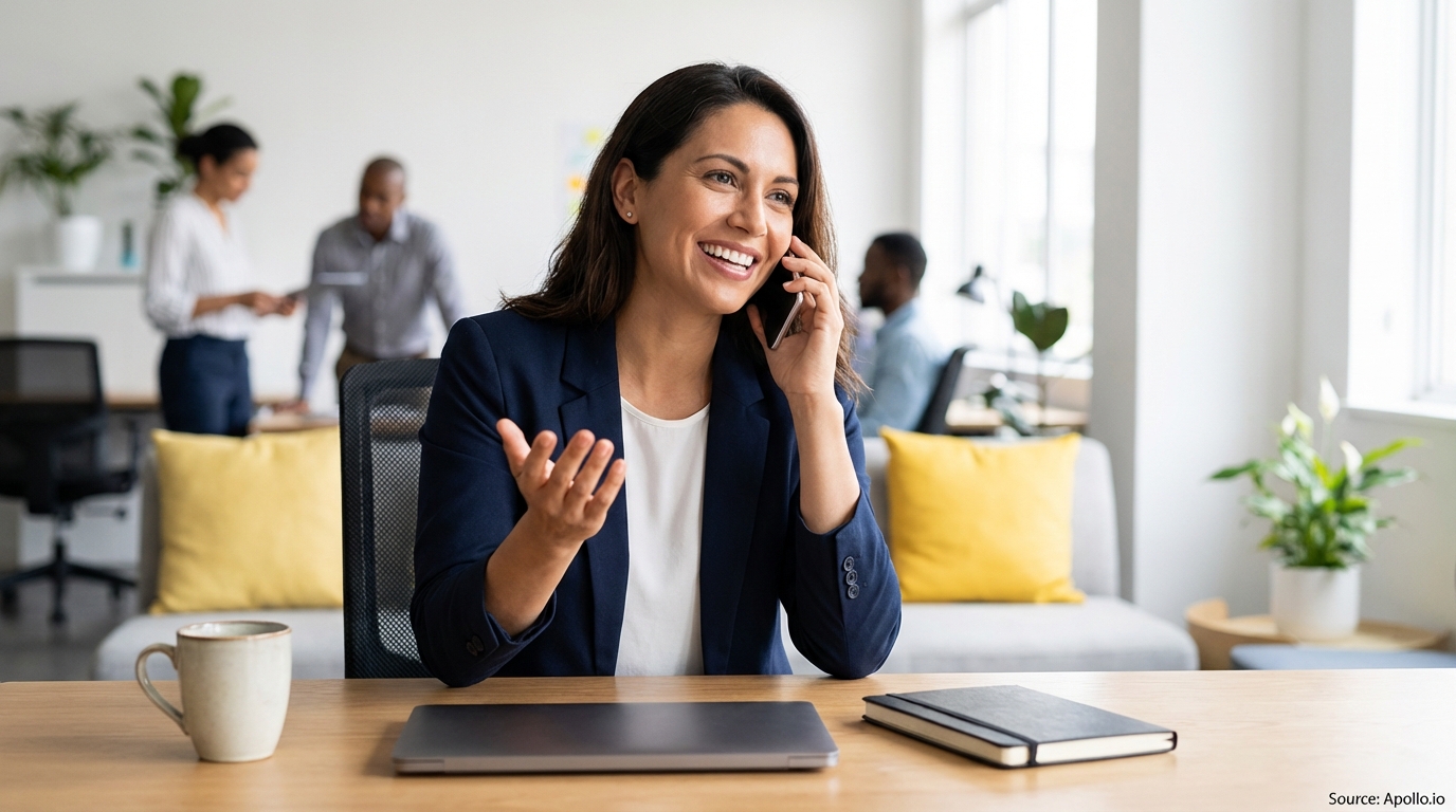 Smiling woman talks on phone at office desk with three colleagues working in the background.