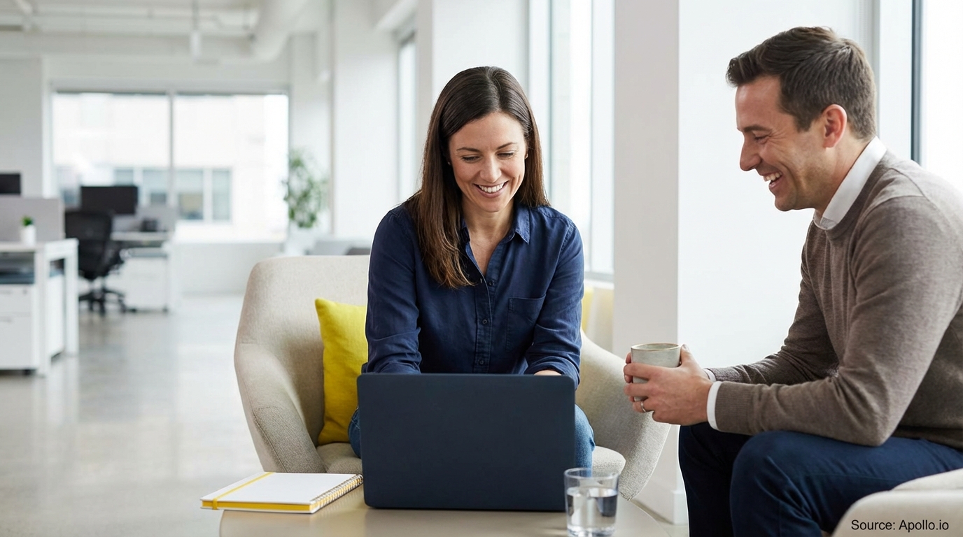 Two smiling professionals, one on a laptop, one with a mug, in a modern office.