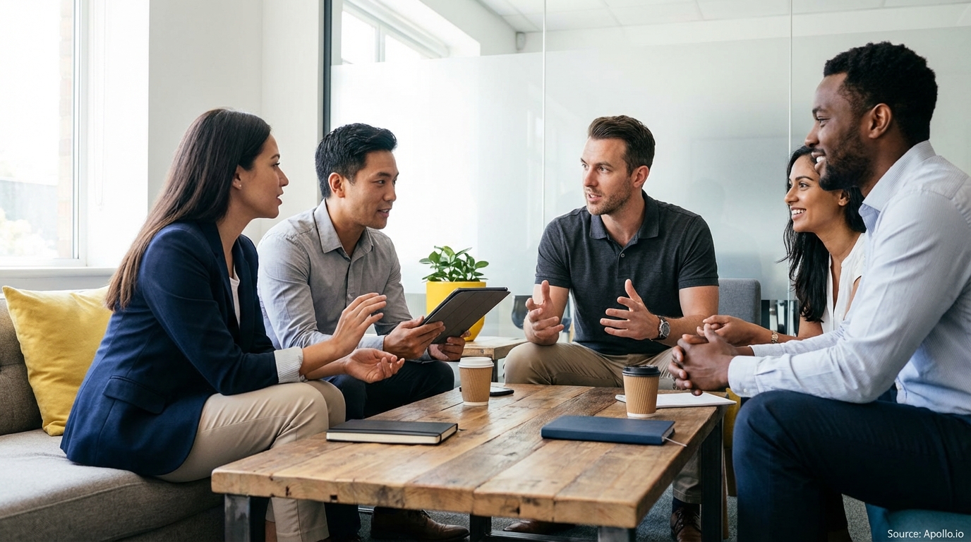 Five business people collaborating in a modern office lounge.