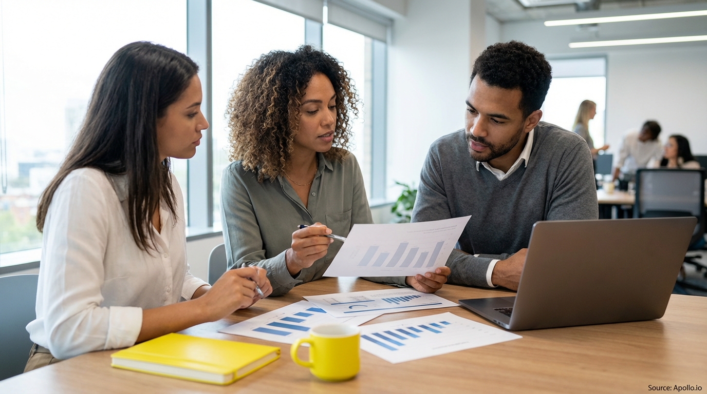 Three diverse professionals collaborate at a table in a modern office, reviewing charts and a laptop.