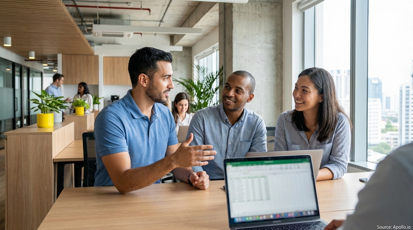 Three colleagues discuss and smile at a modern office desk, with a laptop.