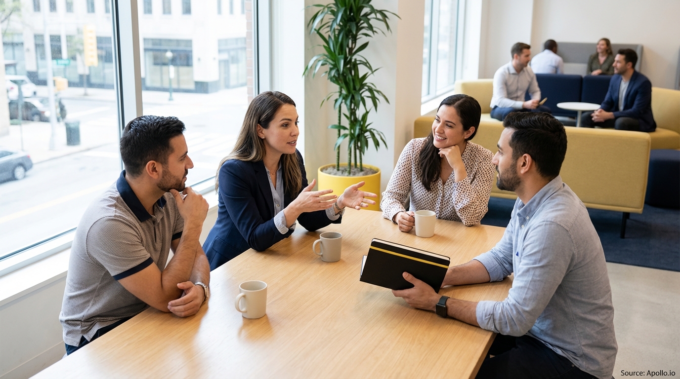 Four professionals talk at a bright office table overlooking a city street.