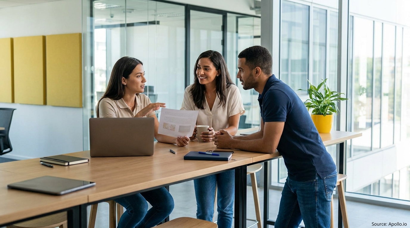 Two women and one man discuss documents at a modern office table.