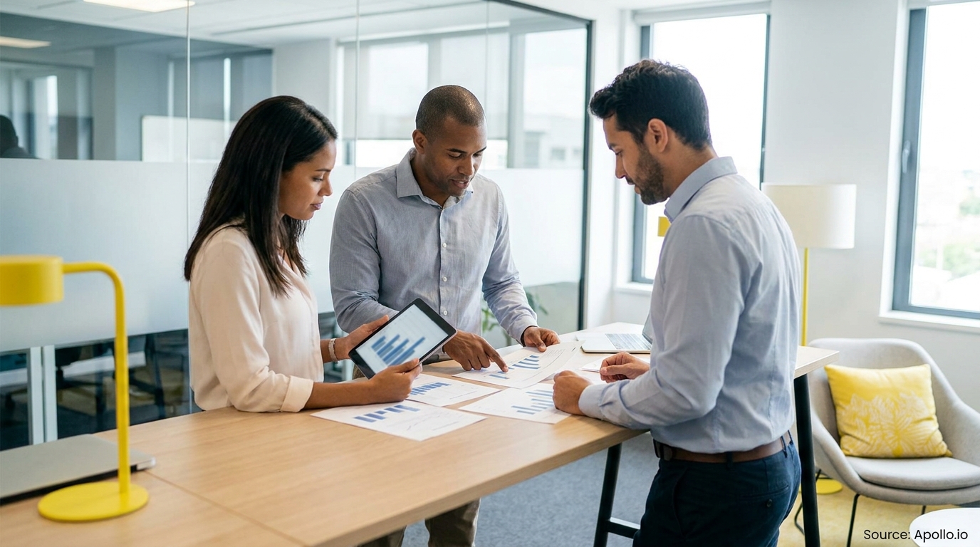 Three diverse professionals discuss charts on papers and a tablet at a modern office table.