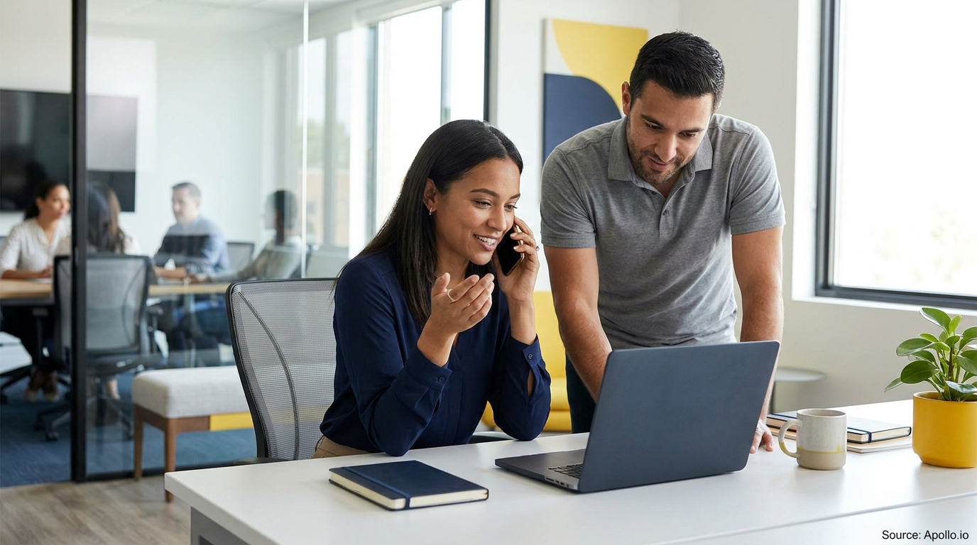 Two smiling professionals collaborate at a laptop in a modern office, one on a phone call.