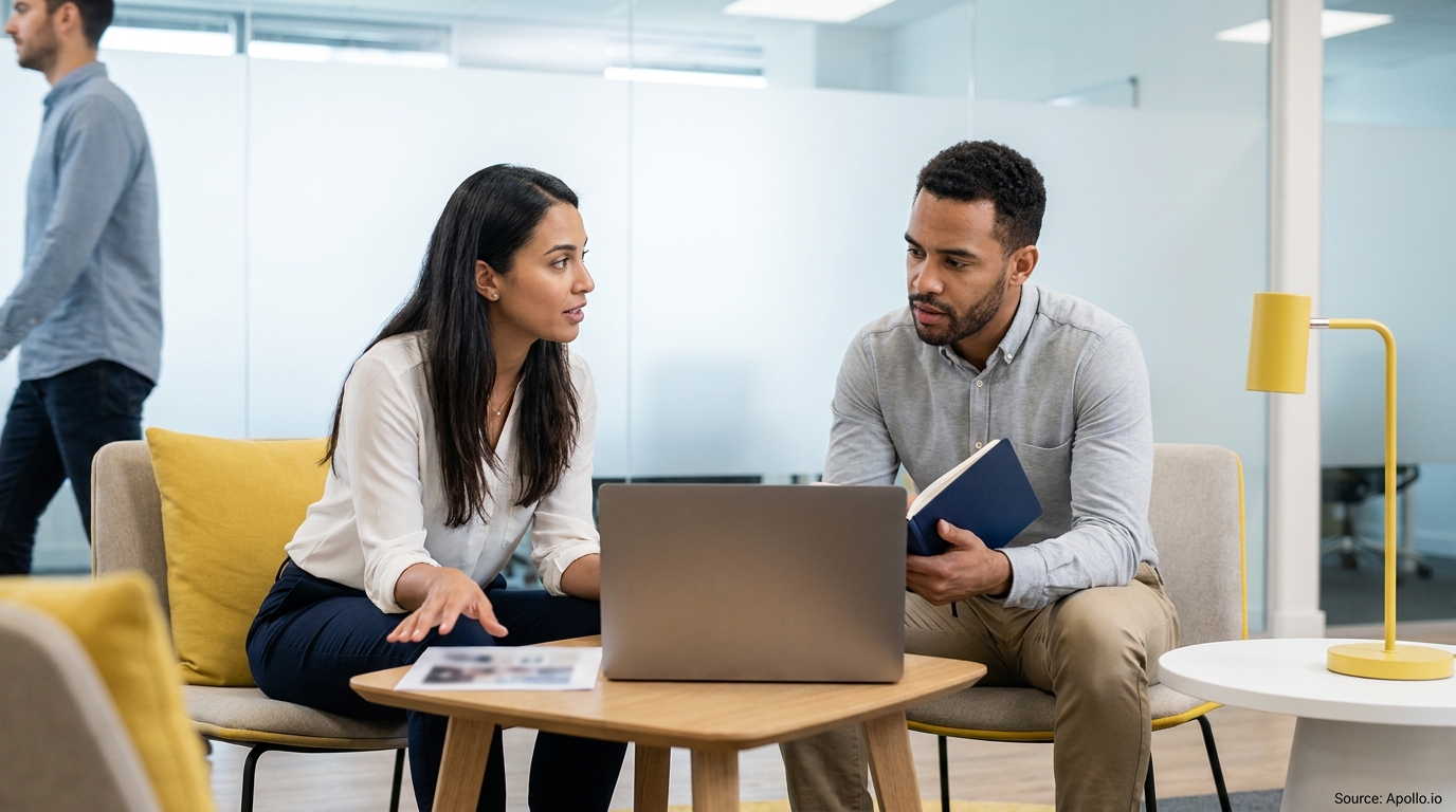 Two professionals discuss at a modern office table with a laptop, while another walks past.