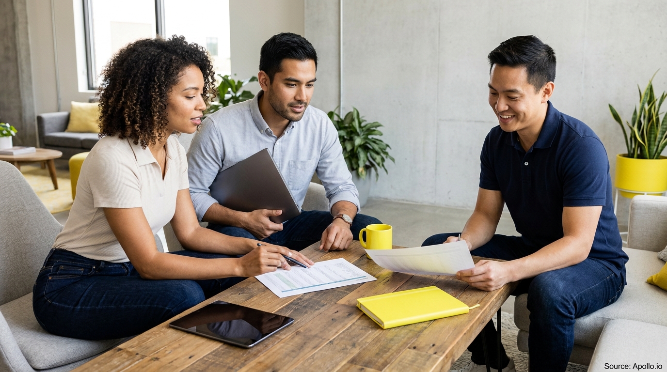 Three colleagues discuss documents and a tablet around a wooden table in a modern office.