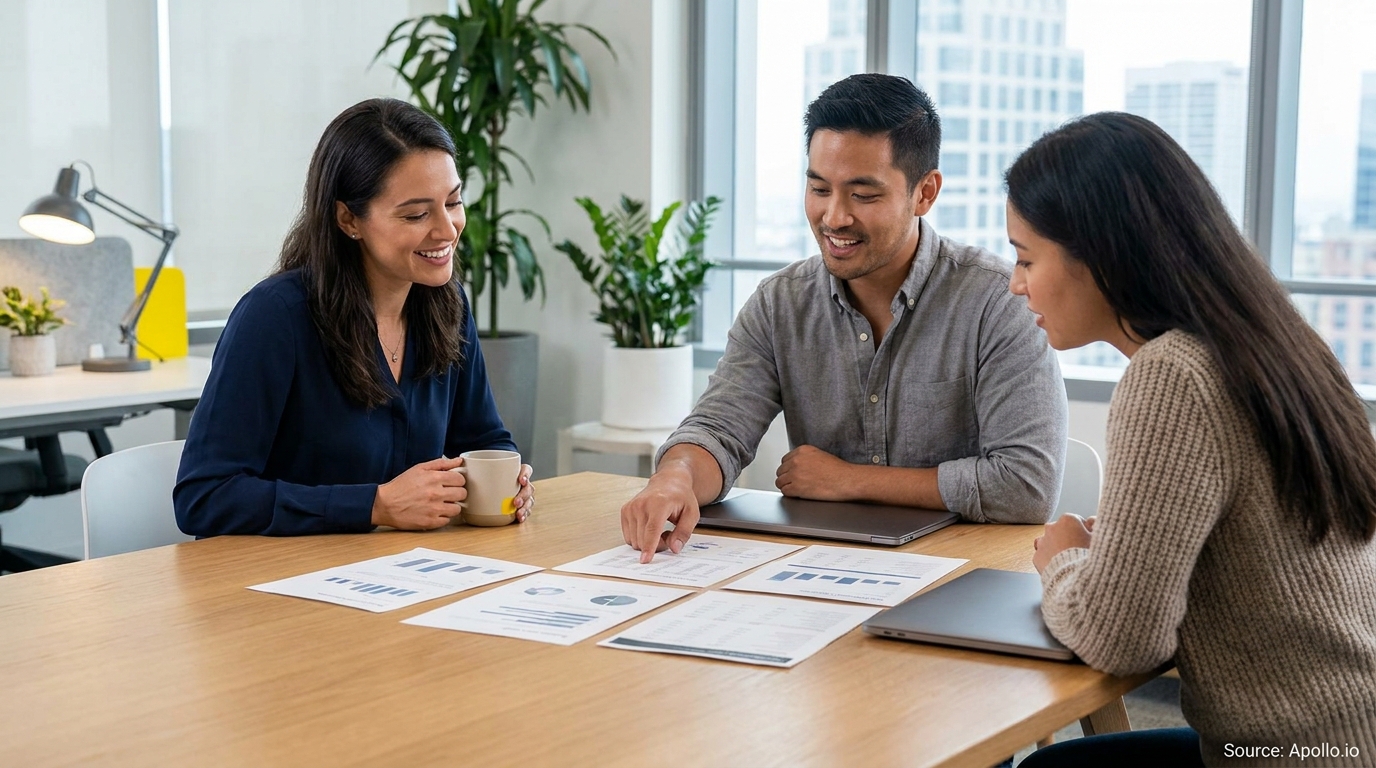 Three colleagues discuss data reports and charts at a modern office table.