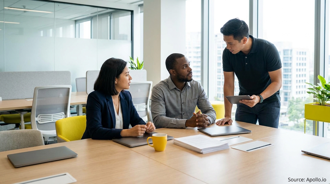 Three professionals meet at a modern office table, one showing a tablet.