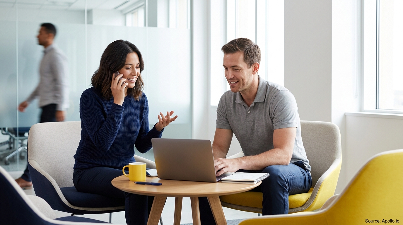 Two smiling professionals use a laptop and phone in an office, a blurred person walks past.
