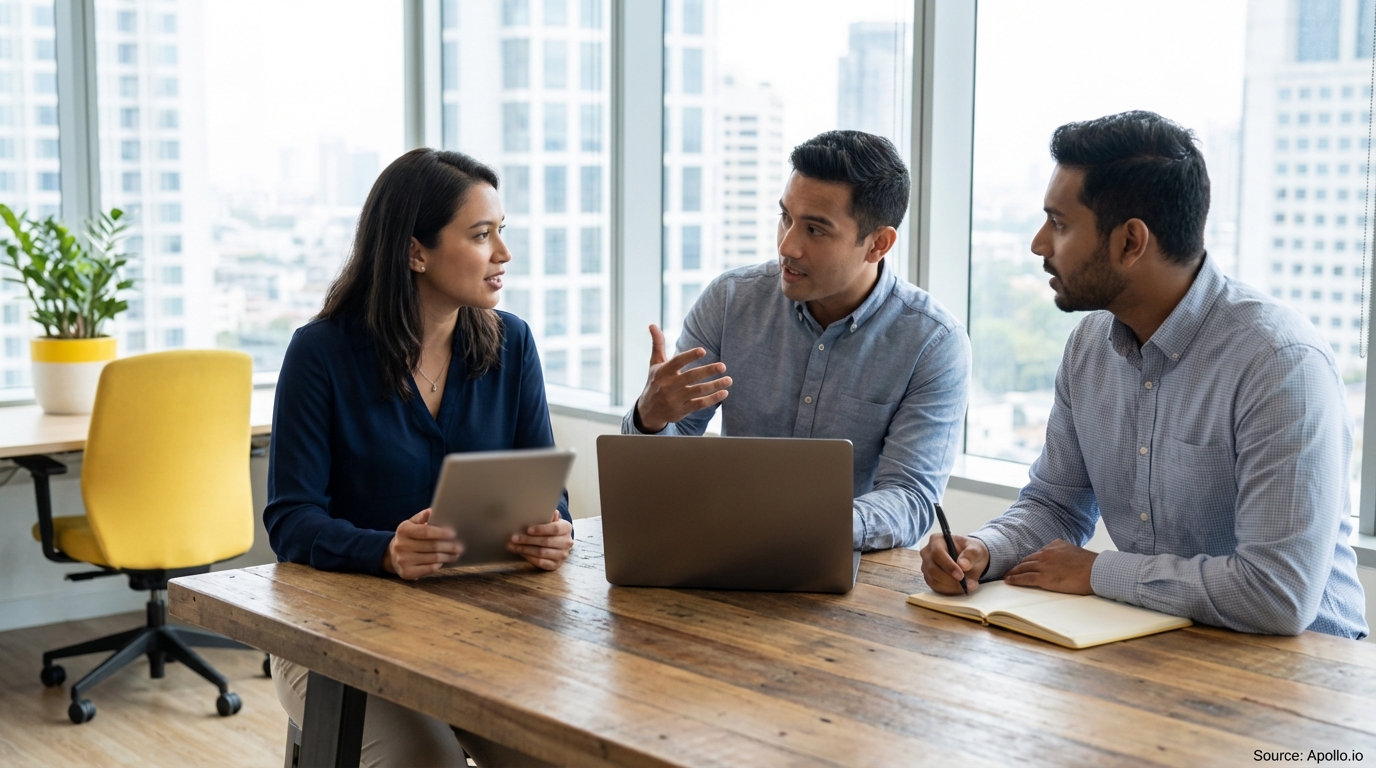Three professionals discuss at a wooden table in a bright office with city views.