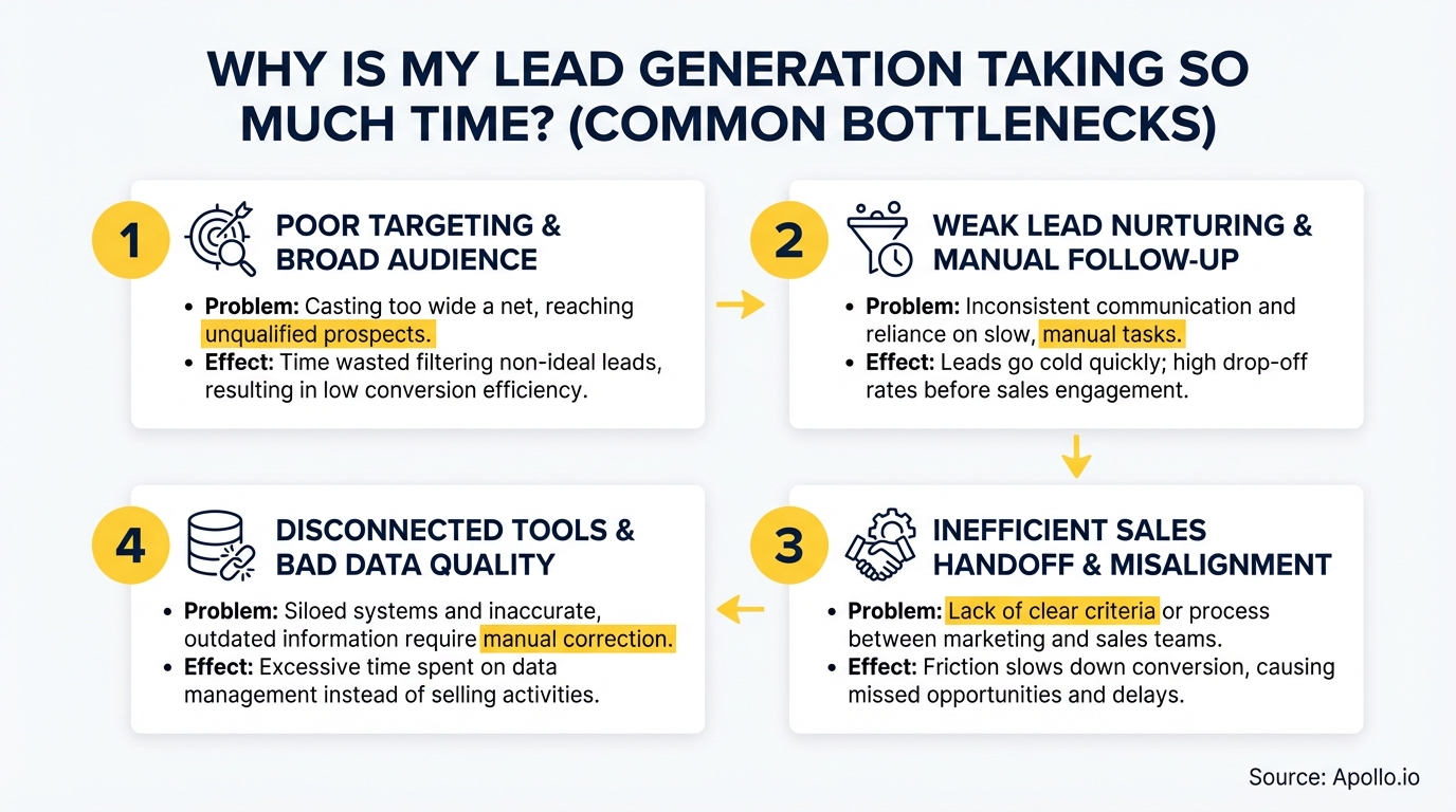 Diagram illustrating four common bottlenecks in lead generation with descriptions of problems and effects.