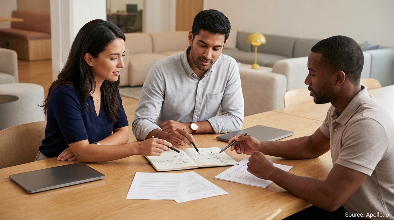 Three people point at a diagram in a notebook during an office meeting.