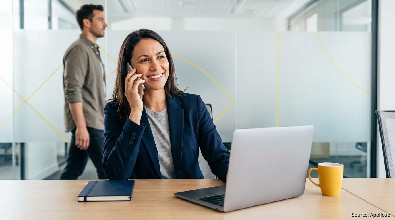 Smiling woman on phone at laptop in office, man walks in background.