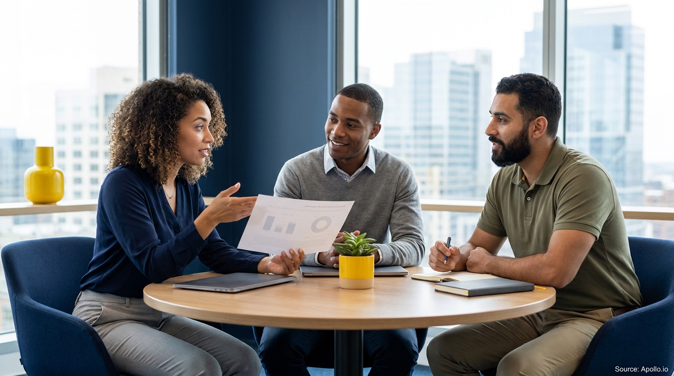 Diverse professionals collaborate and discuss data in a bright, modern office setting.