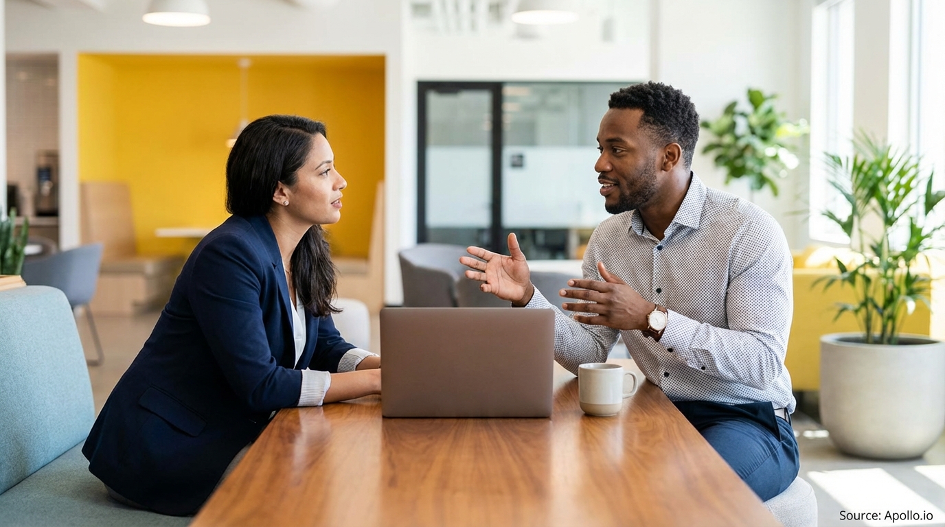 Man and woman discussing at a bright modern office table with a laptop.