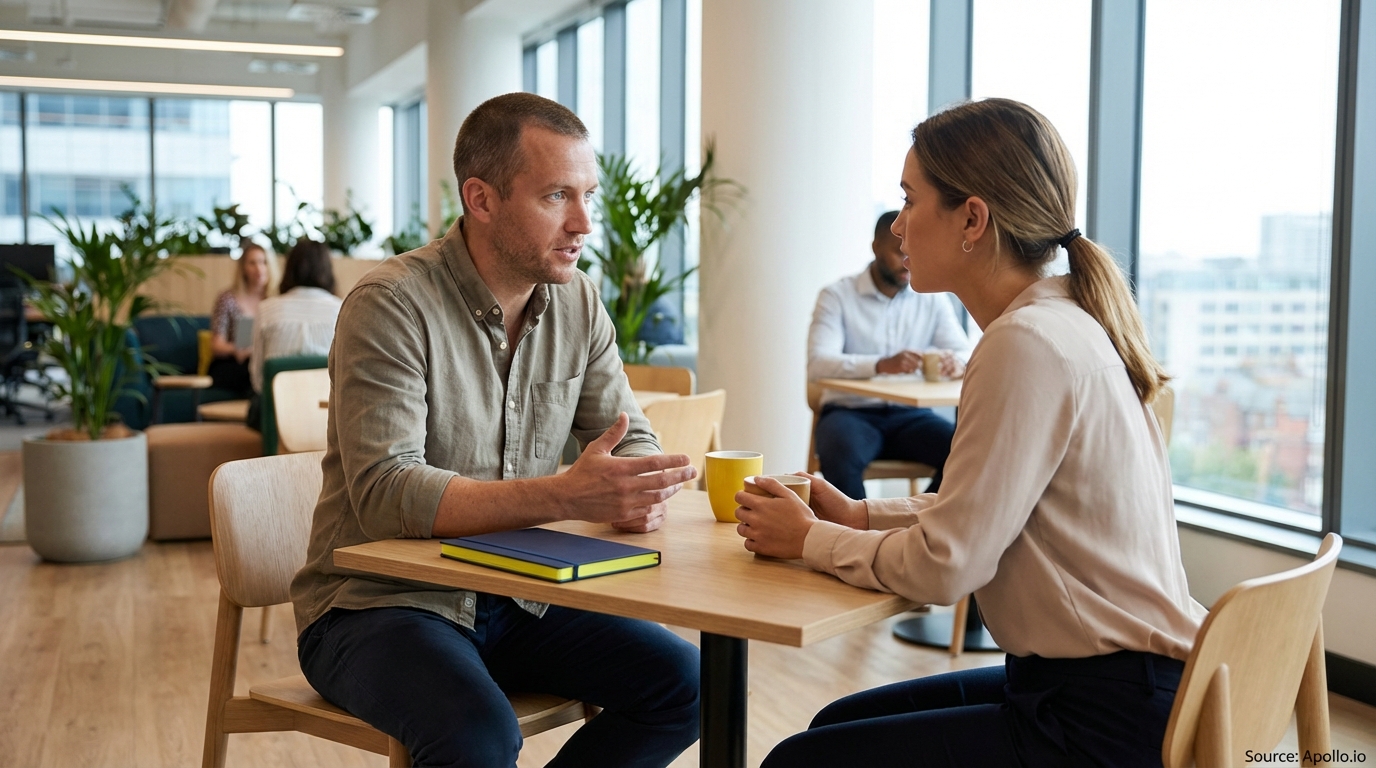 Two professionals discussing at a modern office table in a bright workspace.
