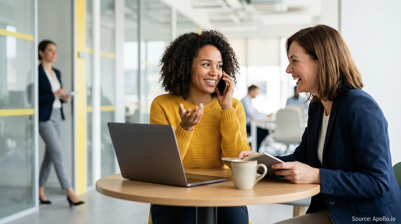 Two professional women talking on a phone and laughing in a modern office.