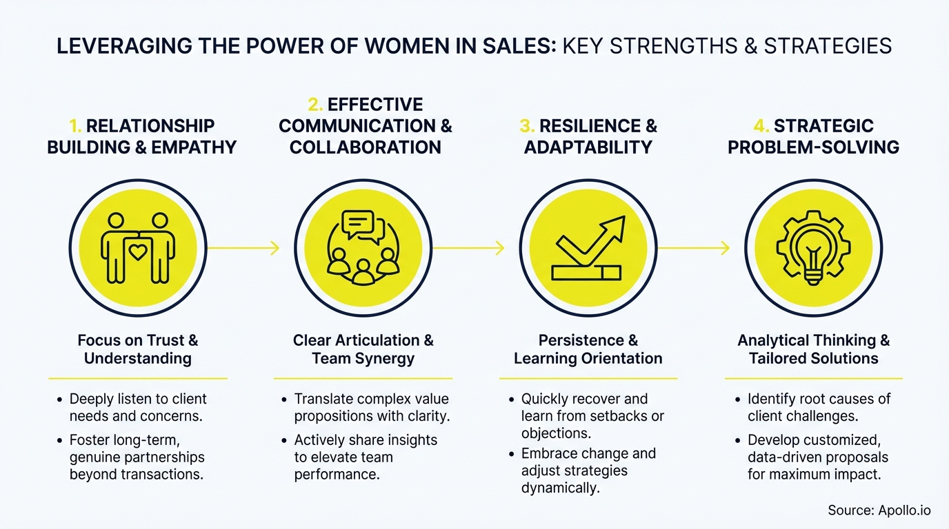 Infographic outlines four strengths of women in sales: relationship building, communication, resilience, and problem-solving.