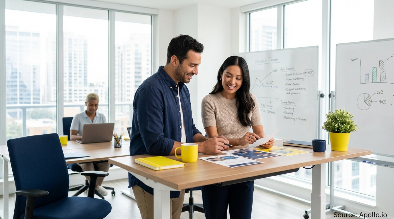 Sales team collaborating in a modern open-plan office in a sales team meeting