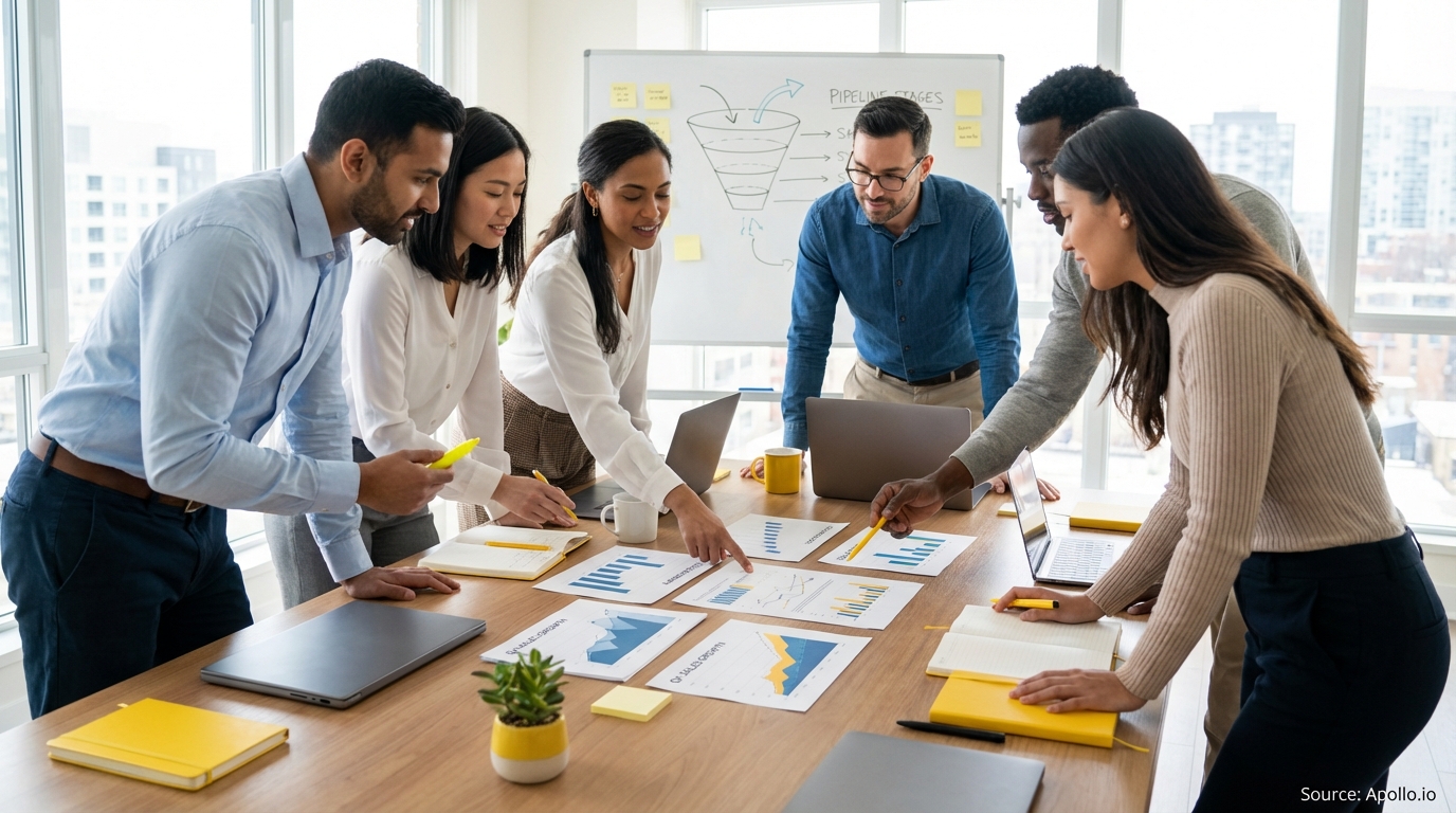 Sales professionals discussing strategy around a conference table in a sales team meeting