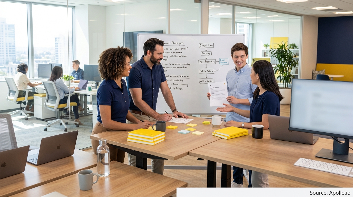 Sales team collaborating in a modern open-plan office planning outreach campaigns
