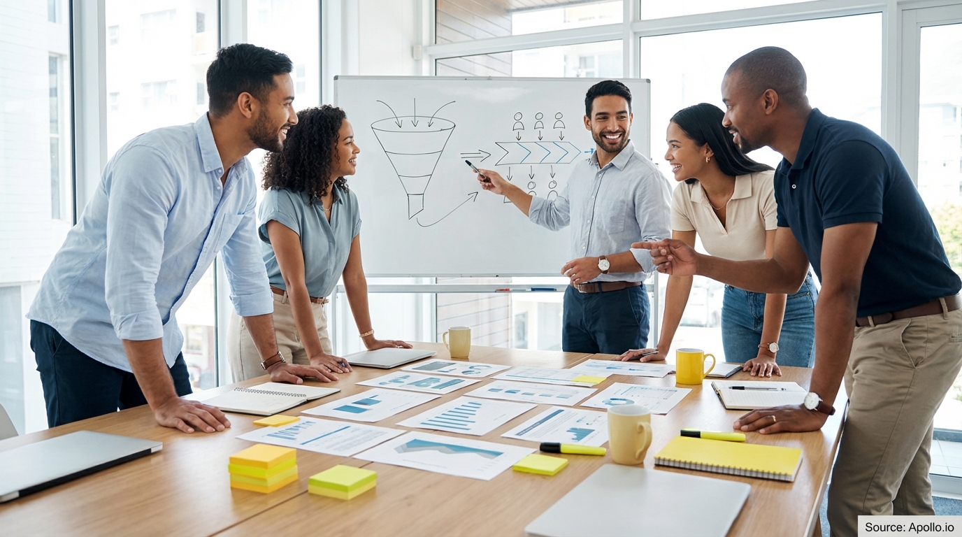 Sales professionals discussing strategy around a conference table planning outreach campaigns