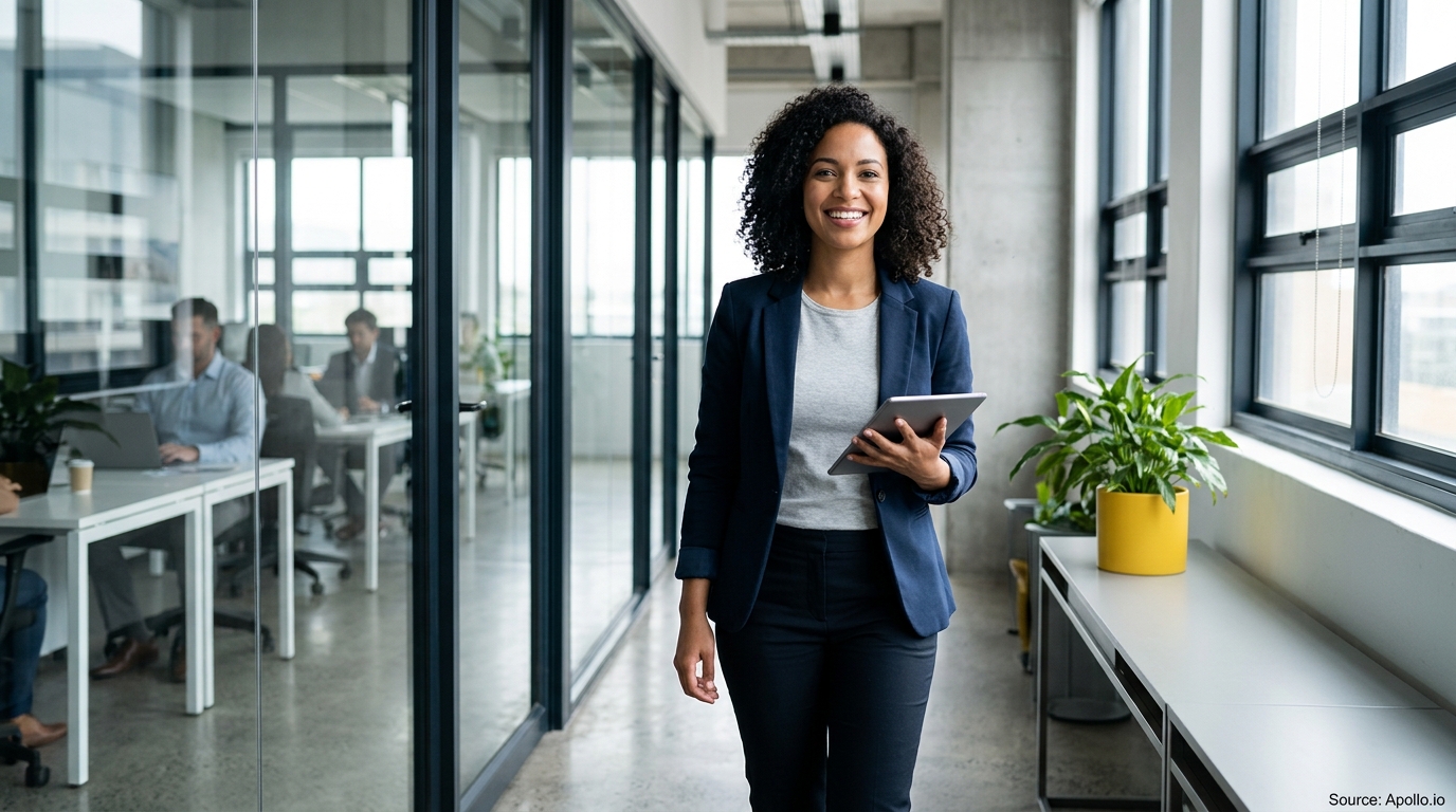 A smiling professional woman holds a tablet in a modern office while three colleagues work behind glass partitions.
